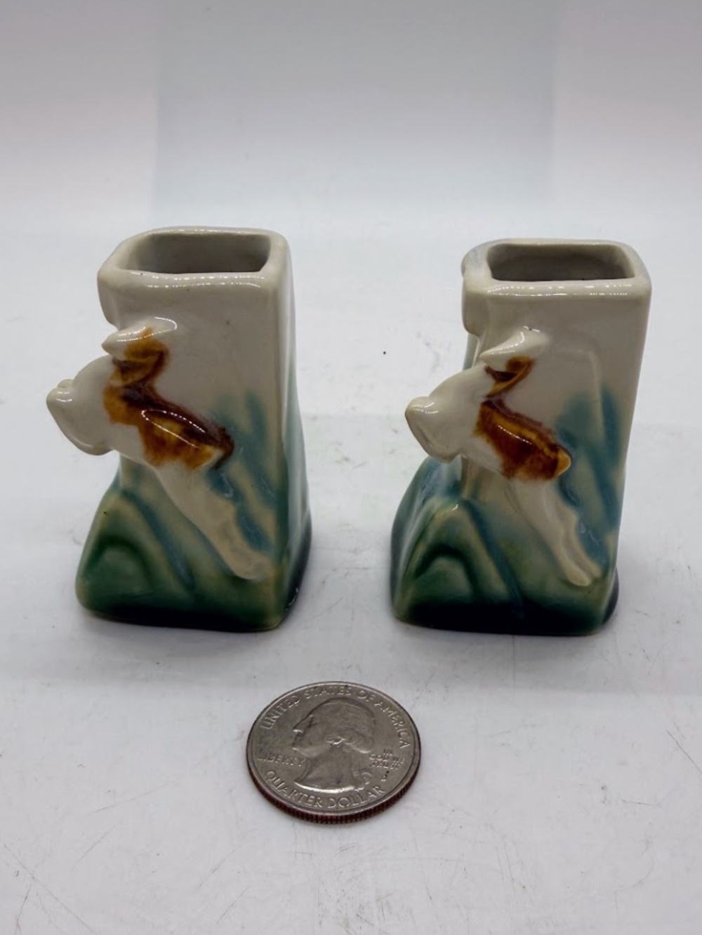 Vintage Pair Miniature Jumping Deer Gazelle Bud Vases MCM Pottery China 2.5"